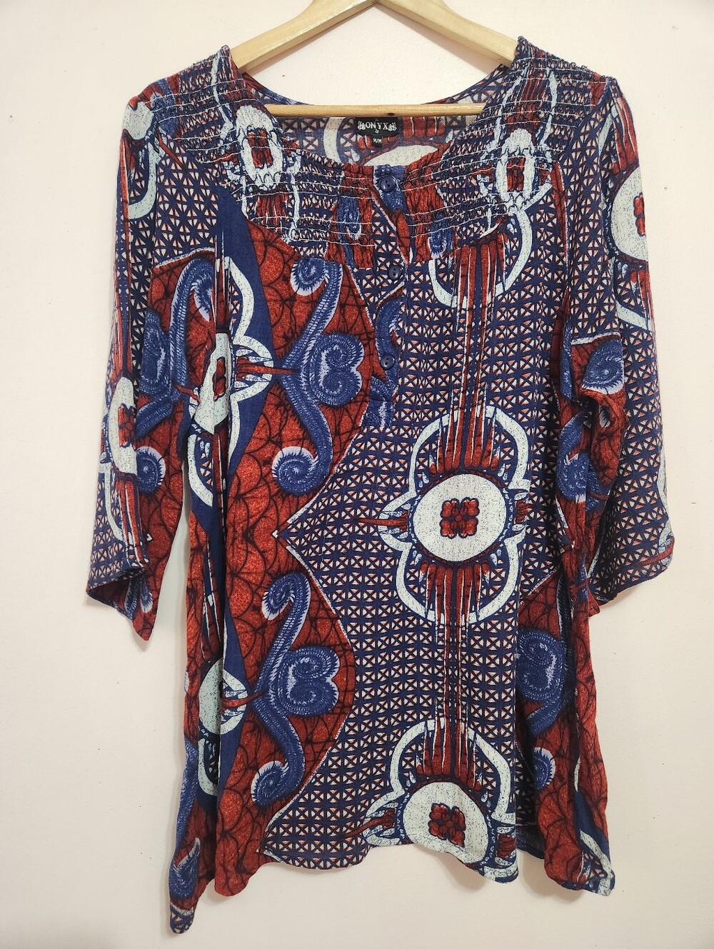 Onyx Y2K Boho Whimsigoth Smocked Rayon Bell Sleeve Tunic Top Red Blue Medium